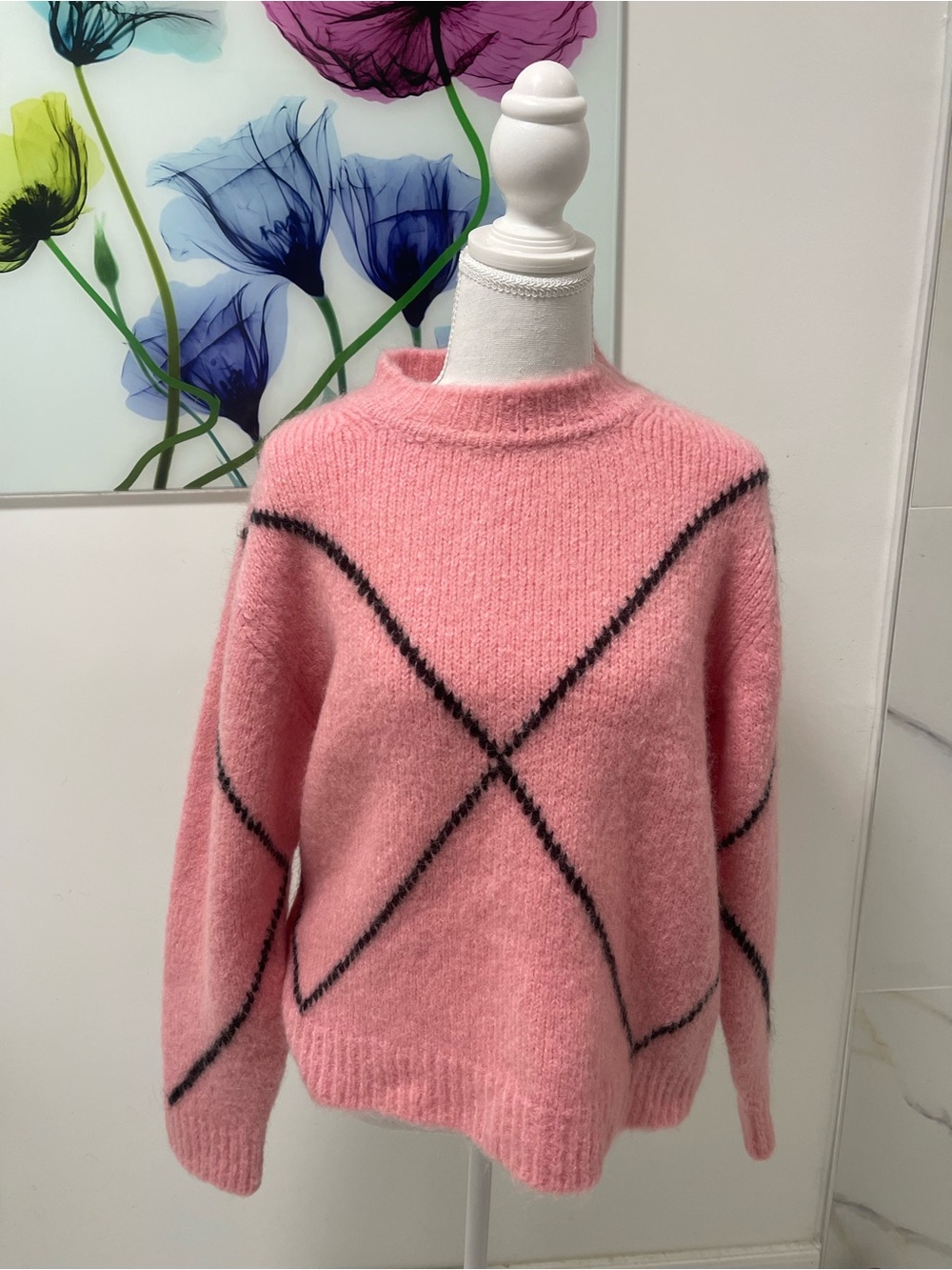 Sandro Pink Crewneck Sweater with Black Diamond Stripesm